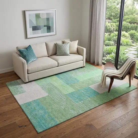 Artichoke Green Teal And Ivory Geometric Washable Area Rug With UV Protection Photo 1