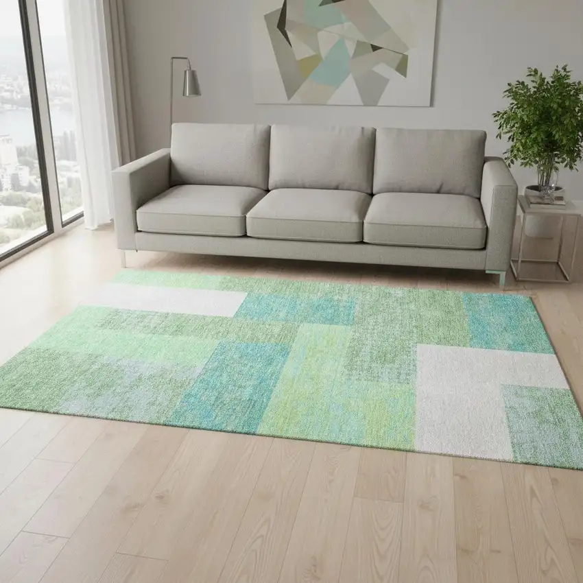 Artichoke Green Teal And Ivory Geometric Washable Area Rug With UV Protection Photo 2