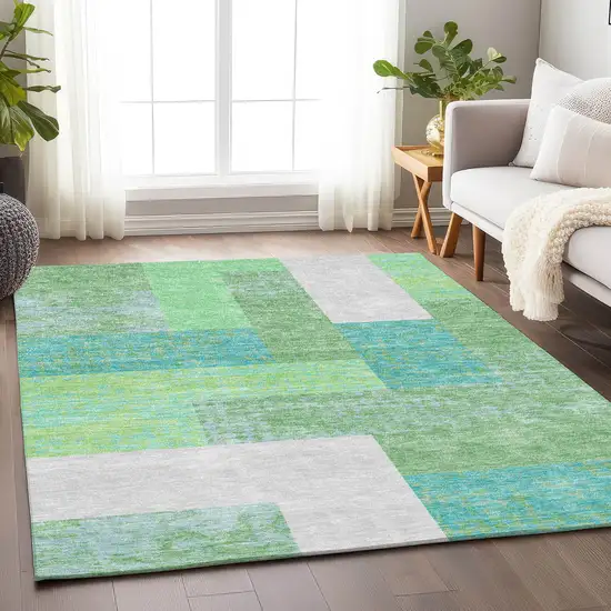 Artichoke Green Teal And Ivory Geometric Washable Area Rug With UV Protection Photo 4