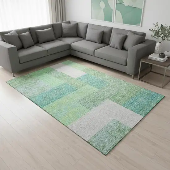 Artichoke Green Teal And Ivory Geometric Washable Area Rug With UV Protection Photo 2