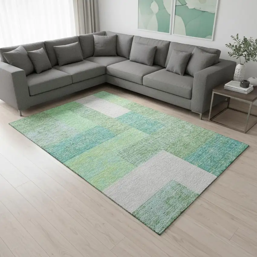 Artichoke Green Teal And Ivory Geometric Washable Area Rug With UV Protection Photo 2