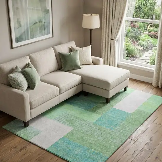 Artichoke Green Teal And Ivory Geometric Washable Area Rug With UV Protection Photo 1