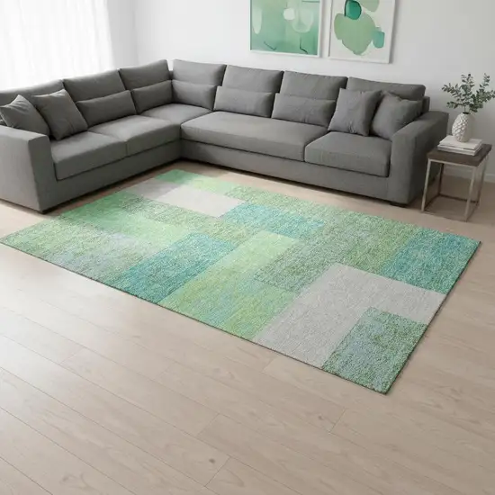 Artichoke Green Teal And Ivory Geometric Washable Area Rug With UV Protection Photo 2