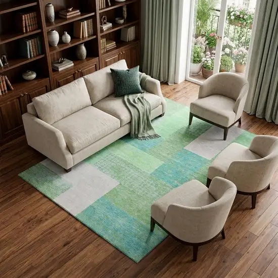 Artichoke Green Teal And Ivory Geometric Washable Area Rug With UV Protection Photo 1