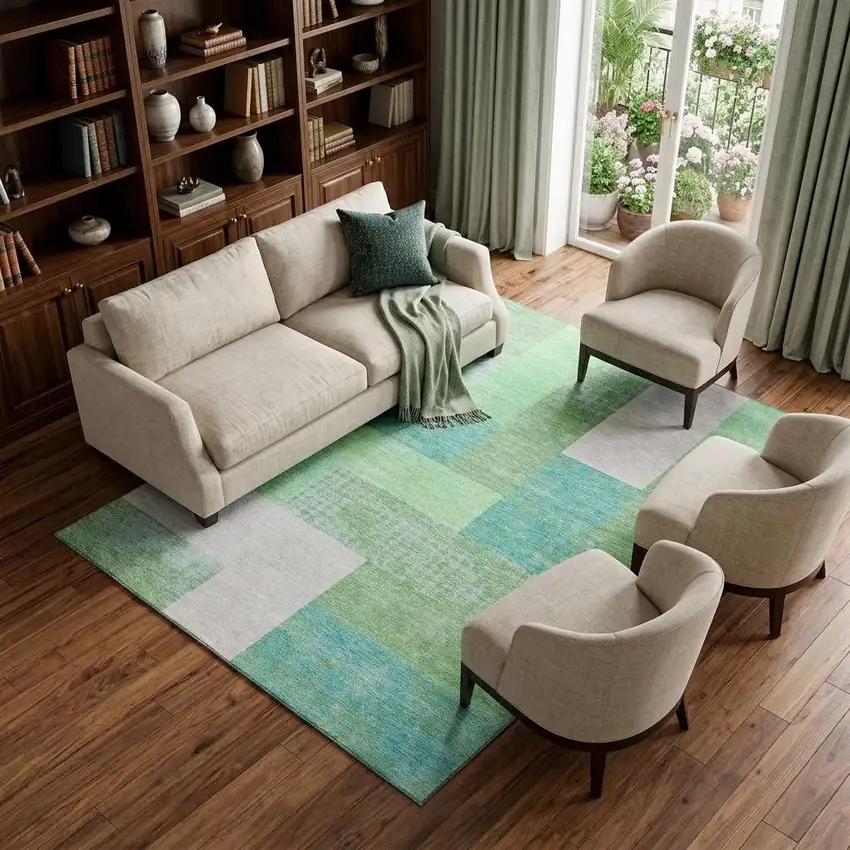 Artichoke Green Teal And Ivory Geometric Washable Area Rug With UV Protection Photo 1