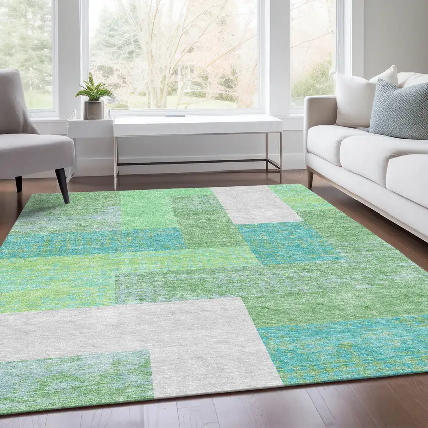 Artichoke Green Teal And Ivory Geometric Washable Area Rug With UV Protection Photo 5