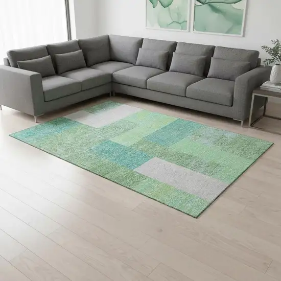 Artichoke Green Teal And Ivory Geometric Washable Area Rug With UV Protection Photo 2
