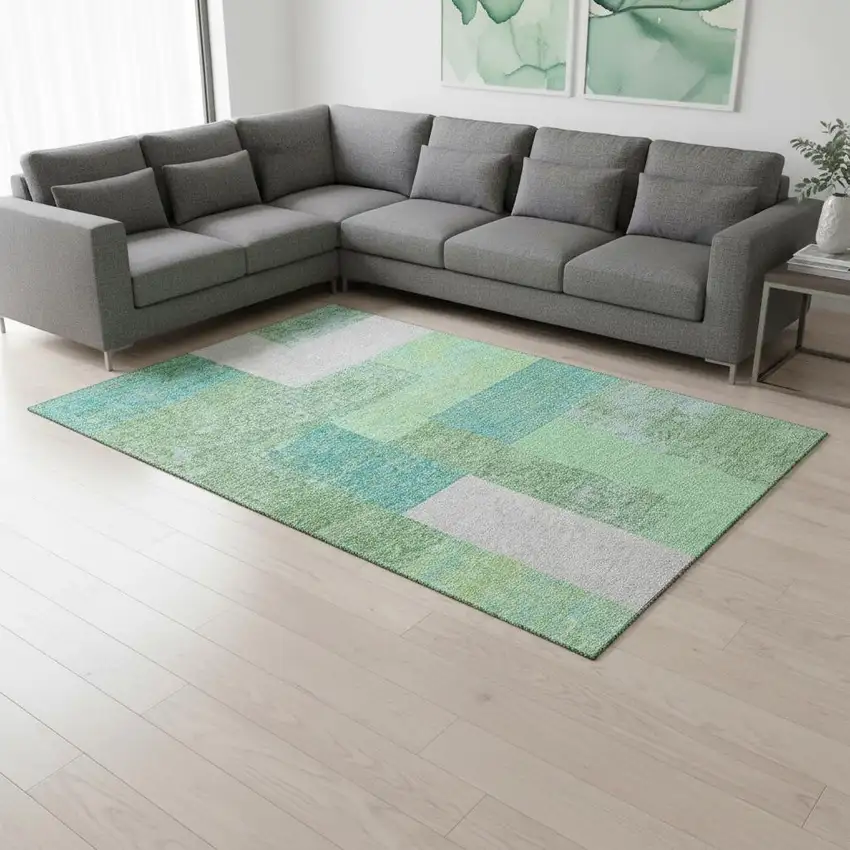 Artichoke Green Teal And Ivory Geometric Washable Area Rug With UV Protection Photo 2