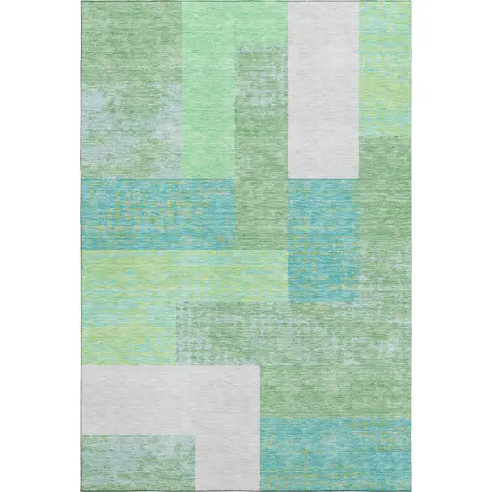 Artichoke Green Teal And Ivory Geometric Washable Area Rug With UV Protection Photo 1
