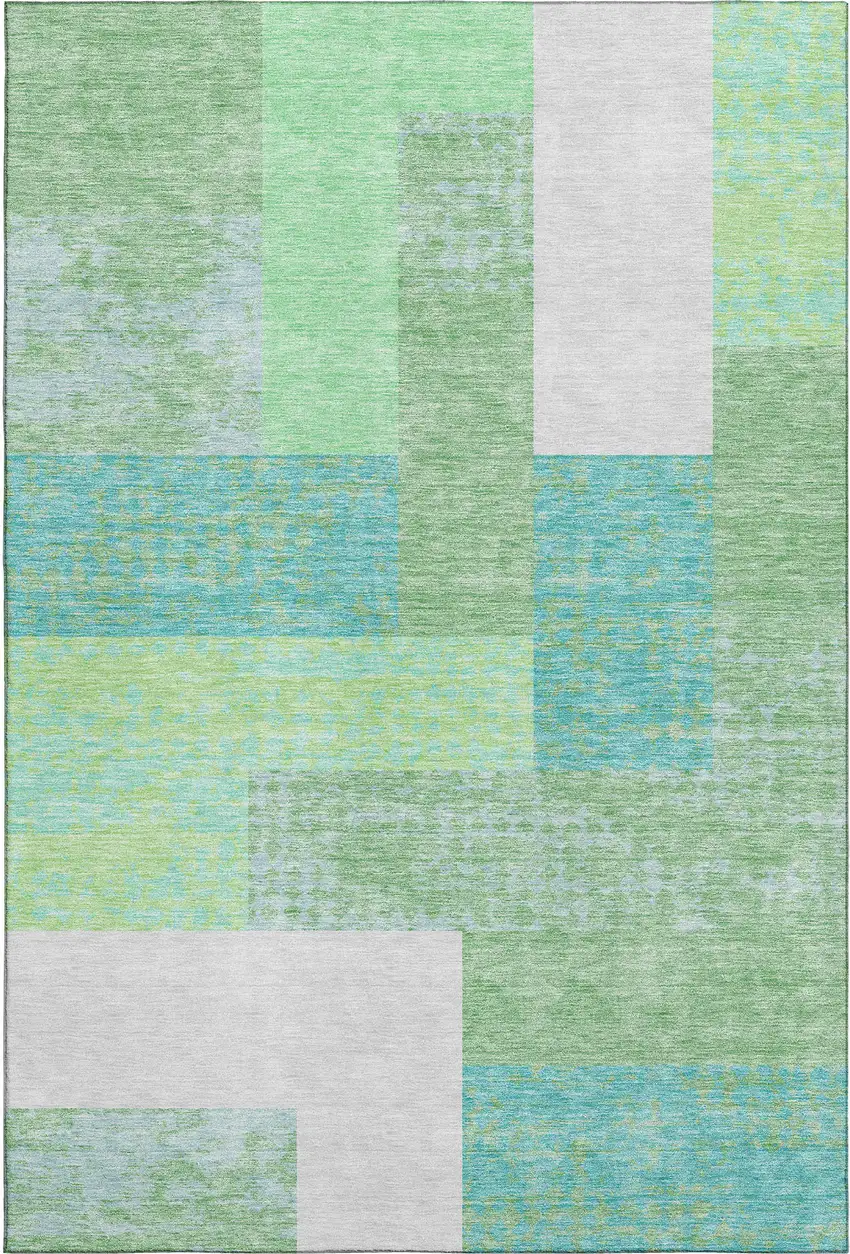 Artichoke Green Teal And Ivory Geometric Washable Area Rug With UV Protection Photo 1