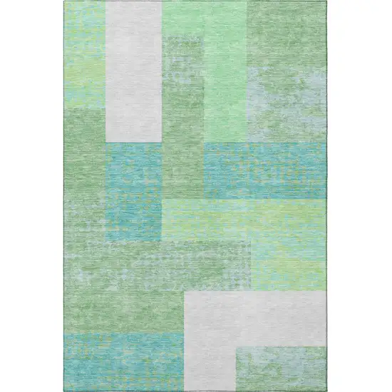 Artichoke Green Teal And Ivory Geometric Washable Area Rug With UV Protection Photo 3