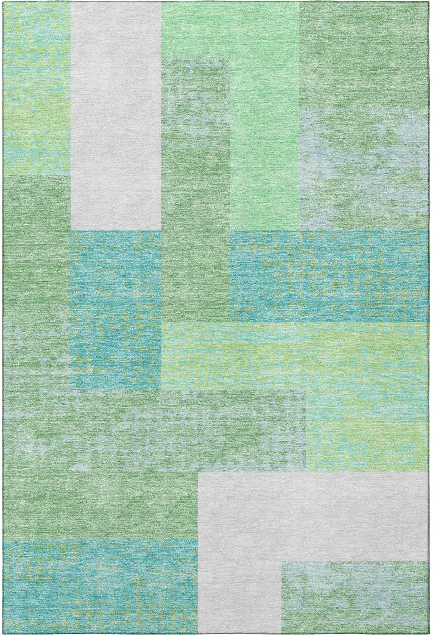 Artichoke Green Teal And Ivory Geometric Washable Area Rug With UV Protection Photo 3