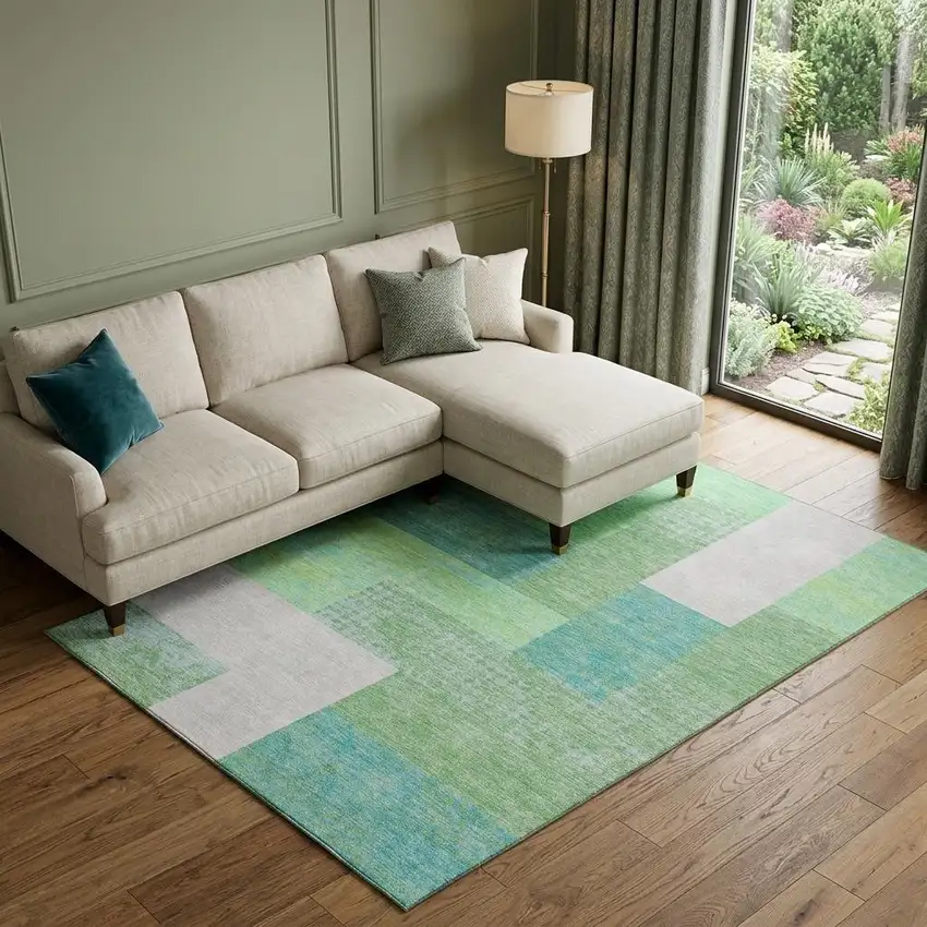 Artichoke Green Teal And Ivory Geometric Washable Area Rug With UV Protection Photo 1