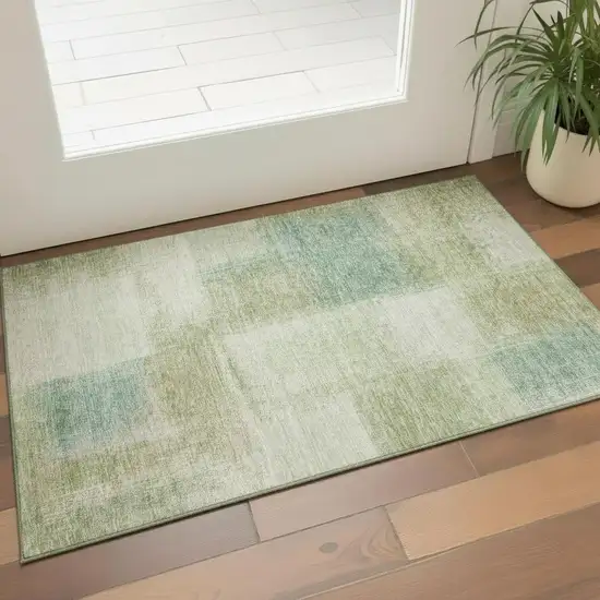 Artichoke Green Teal Blue And Beige Abstract Washable Area Rug With UV Protection Photo 1