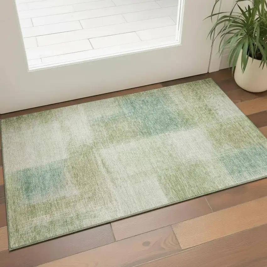Artichoke Green Teal Blue And Beige Abstract Washable Area Rug With UV Protection Photo 1