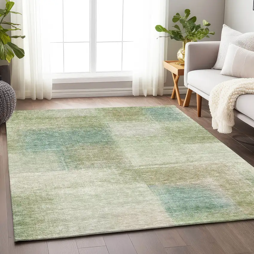 Artichoke Green Teal Blue And Beige Abstract Washable Area Rug With UV Protection Photo 3