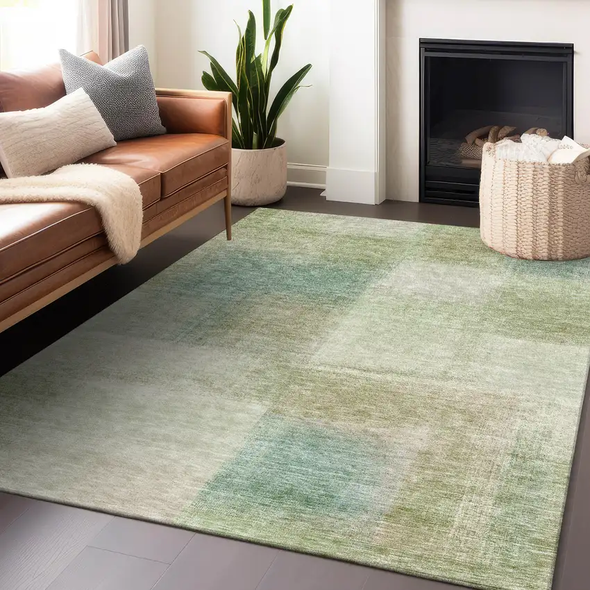 Artichoke Green Teal Blue And Beige Abstract Washable Area Rug With UV Protection Photo 4