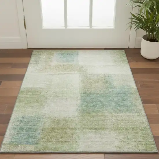 Artichoke Green Teal Blue And Beige Abstract Washable Area Rug With UV Protection Photo 2