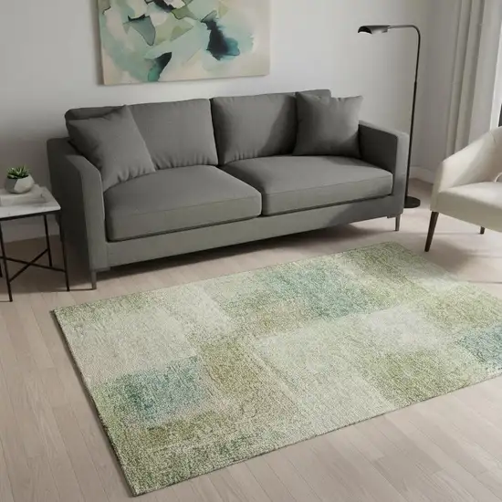 Artichoke Green Teal Blue And Beige Abstract Washable Area Rug With UV Protection Photo 2