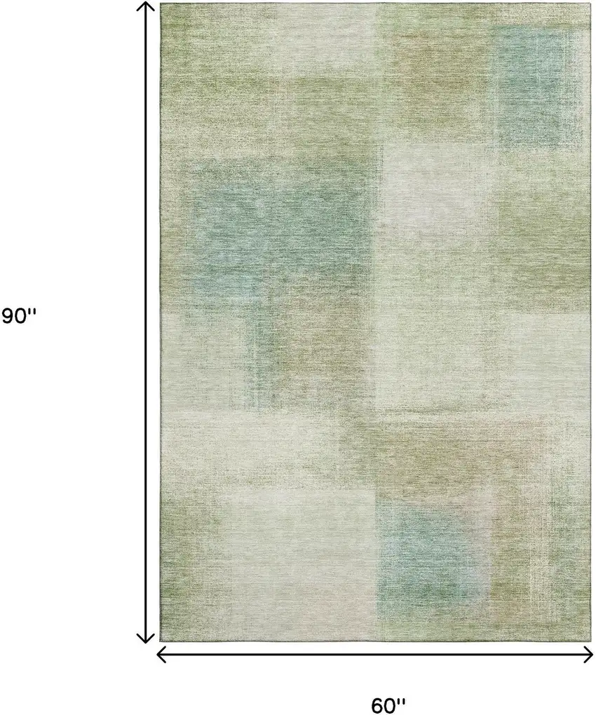 Artichoke Green Teal Blue And Beige Abstract Washable Area Rug With UV Protection Photo 3