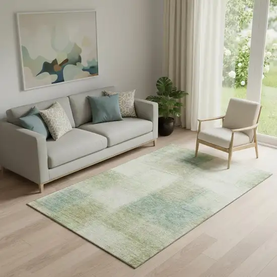 Artichoke Green Teal Blue And Beige Abstract Washable Area Rug With UV Protection Photo 1