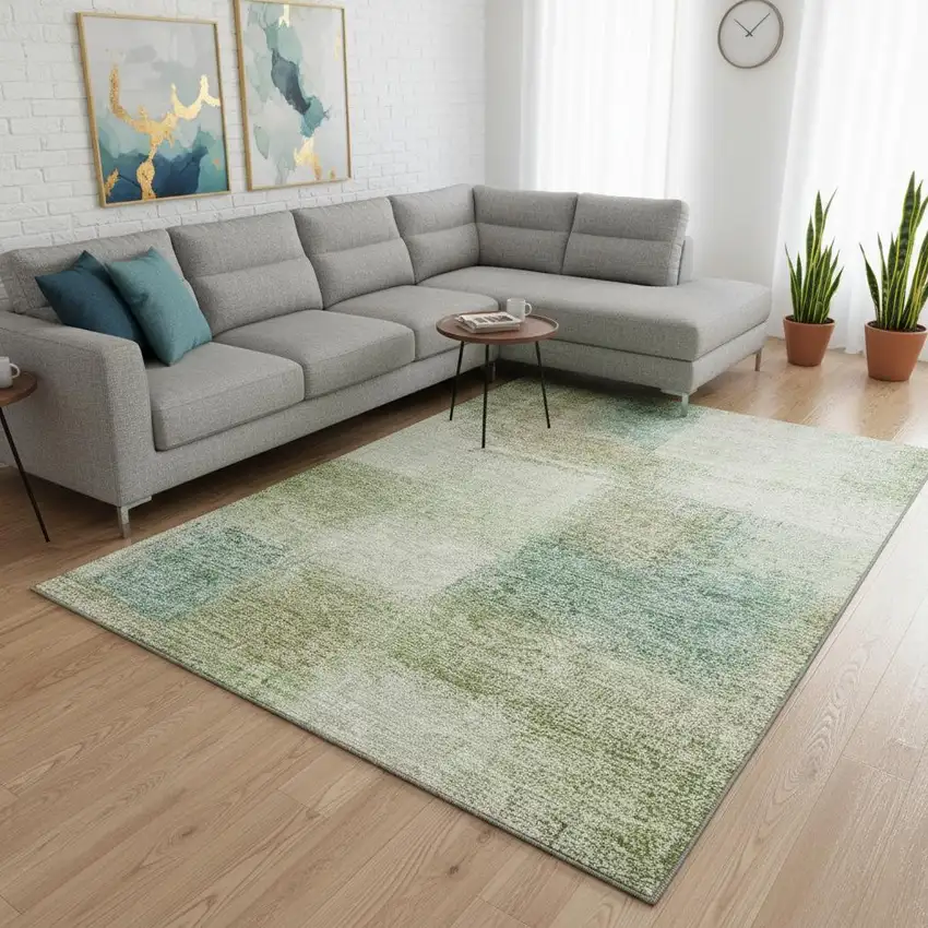 Artichoke Green Teal Blue And Beige Abstract Washable Area Rug With UV Protection Photo 2