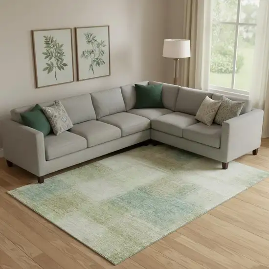 Artichoke Green Teal Blue And Beige Abstract Washable Area Rug With UV Protection Photo 1