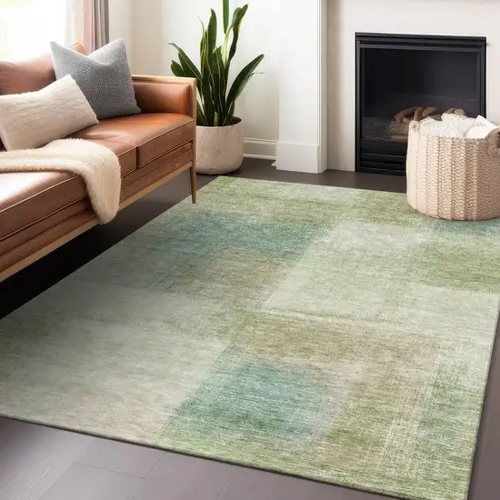 Artichoke Green Teal Blue And Beige Abstract Washable Area Rug With UV Protection Photo 6