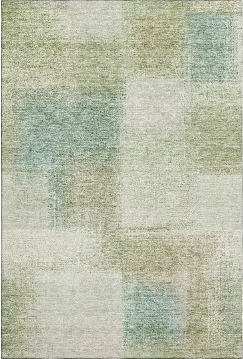 Artichoke Green Teal Blue And Beige Abstract Washable Area Rug With UV Protection Photo 1