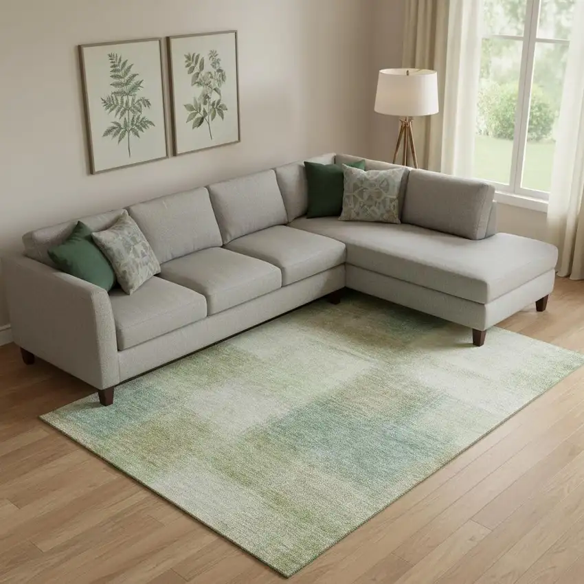 Artichoke Green Teal Blue And Beige Abstract Washable Area Rug With UV Protection Photo 1