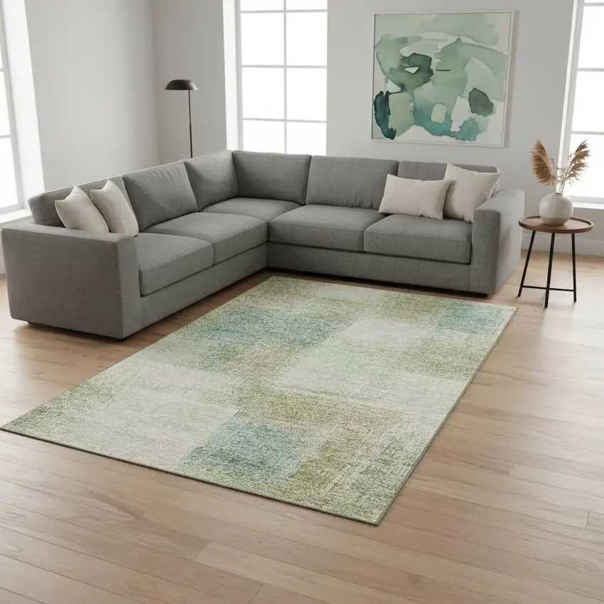 Artichoke Green Teal Blue And Beige Abstract Washable Area Rug With UV Protection Photo 2