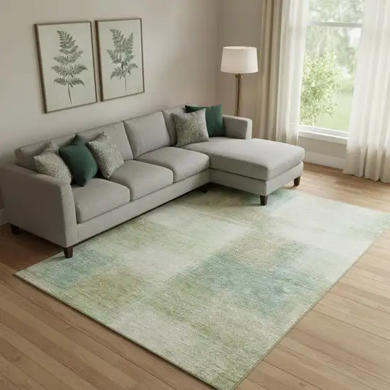 Artichoke Green Teal Blue And Beige Abstract Washable Area Rug With UV Protection Photo 1