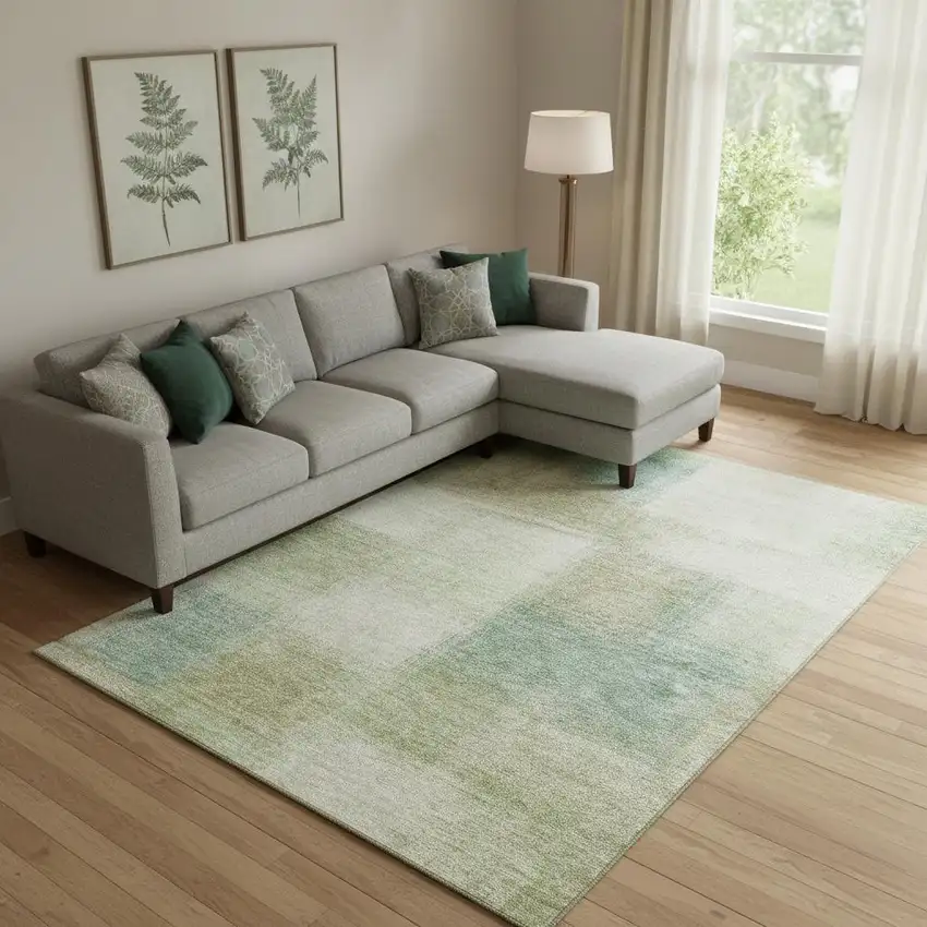 Artichoke Green Teal Blue And Beige Abstract Washable Area Rug With UV Protection Photo 1