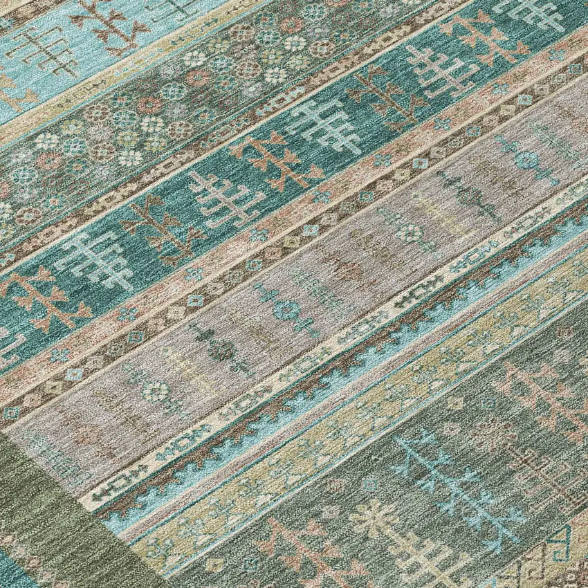 Artichoke Green Teal Blue And Beige Striped Washable Indoor Outdoor Area Rug Photo 7