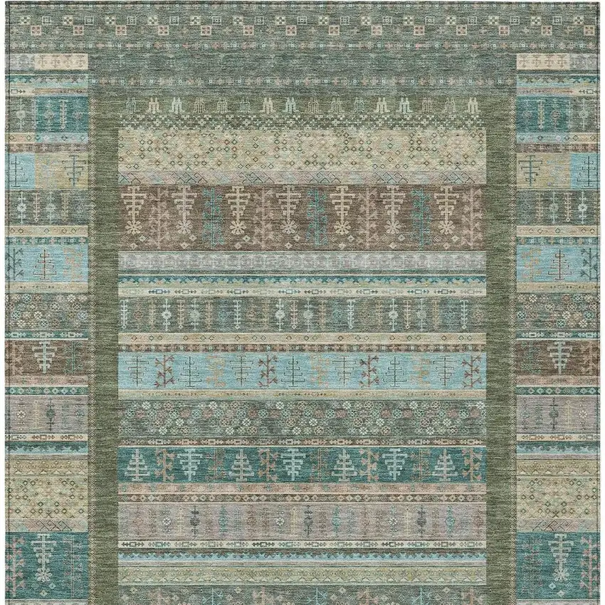 Artichoke Green Teal Blue And Beige Striped Washable Indoor Outdoor Area Rug Photo 5