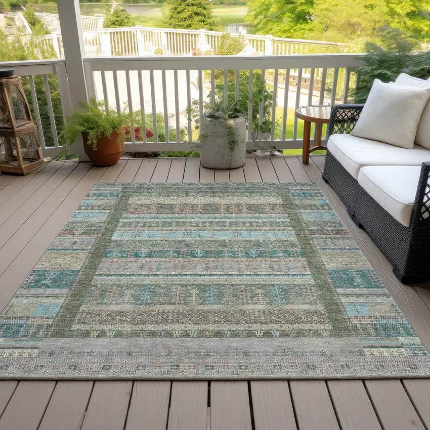 Artichoke Green Teal Blue And Beige Striped Washable Indoor Outdoor Area Rug Photo 7