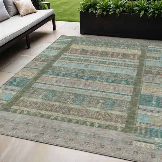 Artichoke Green Teal Blue And Beige Striped Washable Indoor Outdoor Area Rug Photo 2