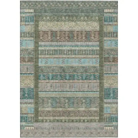 Artichoke Green Teal Blue And Beige Striped Washable Indoor Outdoor Area Rug Photo 1
