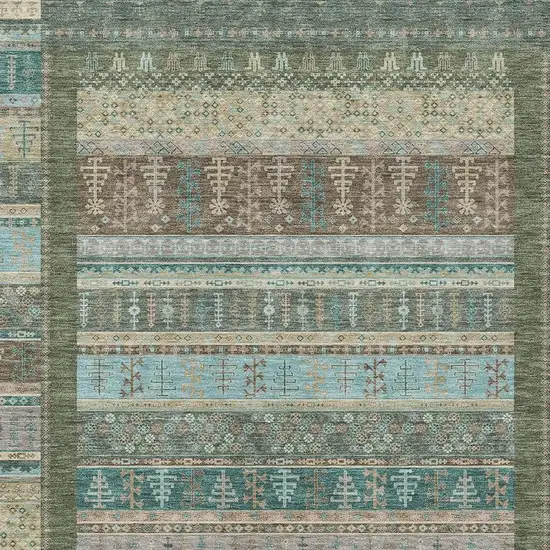 Artichoke Green Teal Blue And Beige Striped Washable Indoor Outdoor Area Rug Photo 5