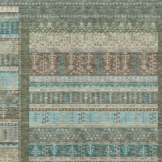 Artichoke Green Teal Blue And Beige Striped Washable Indoor Outdoor Area Rug Photo 5