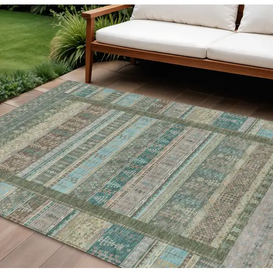 Artichoke Green Teal Blue And Beige Striped Washable Indoor Outdoor Area Rug Photo 2
