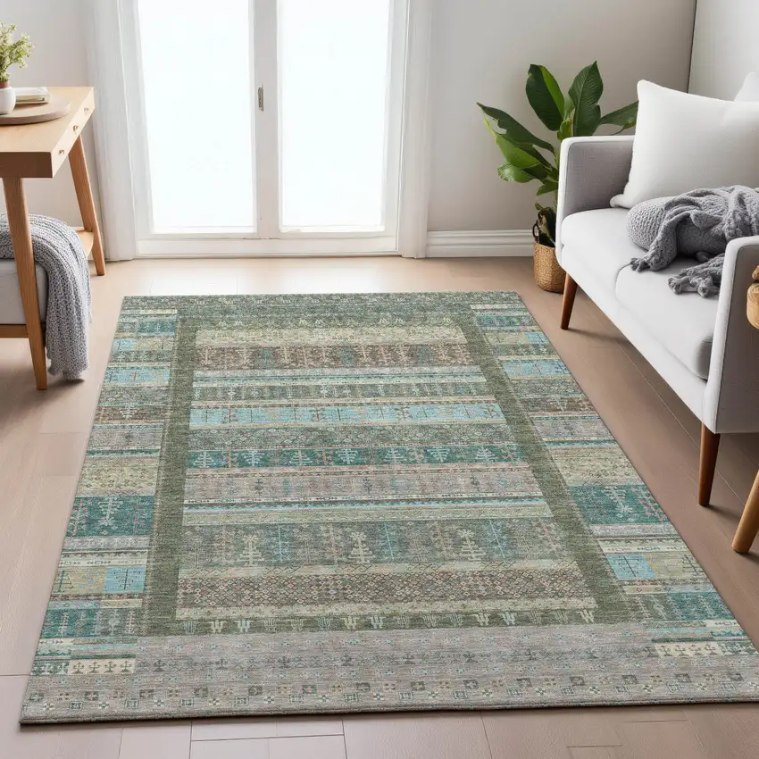 Artichoke Green Teal Blue And Beige Striped Washable Indoor Outdoor Area Rug Photo 8