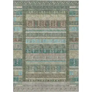 Photo of Artichoke Green Teal Blue And Beige Striped Washable Indoor Outdoor Area Rug