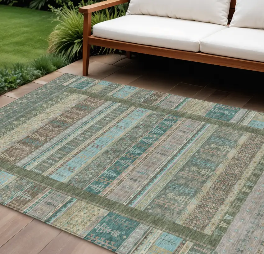 Artichoke Green Teal Blue And Beige Striped Washable Indoor Outdoor Area Rug Photo 2