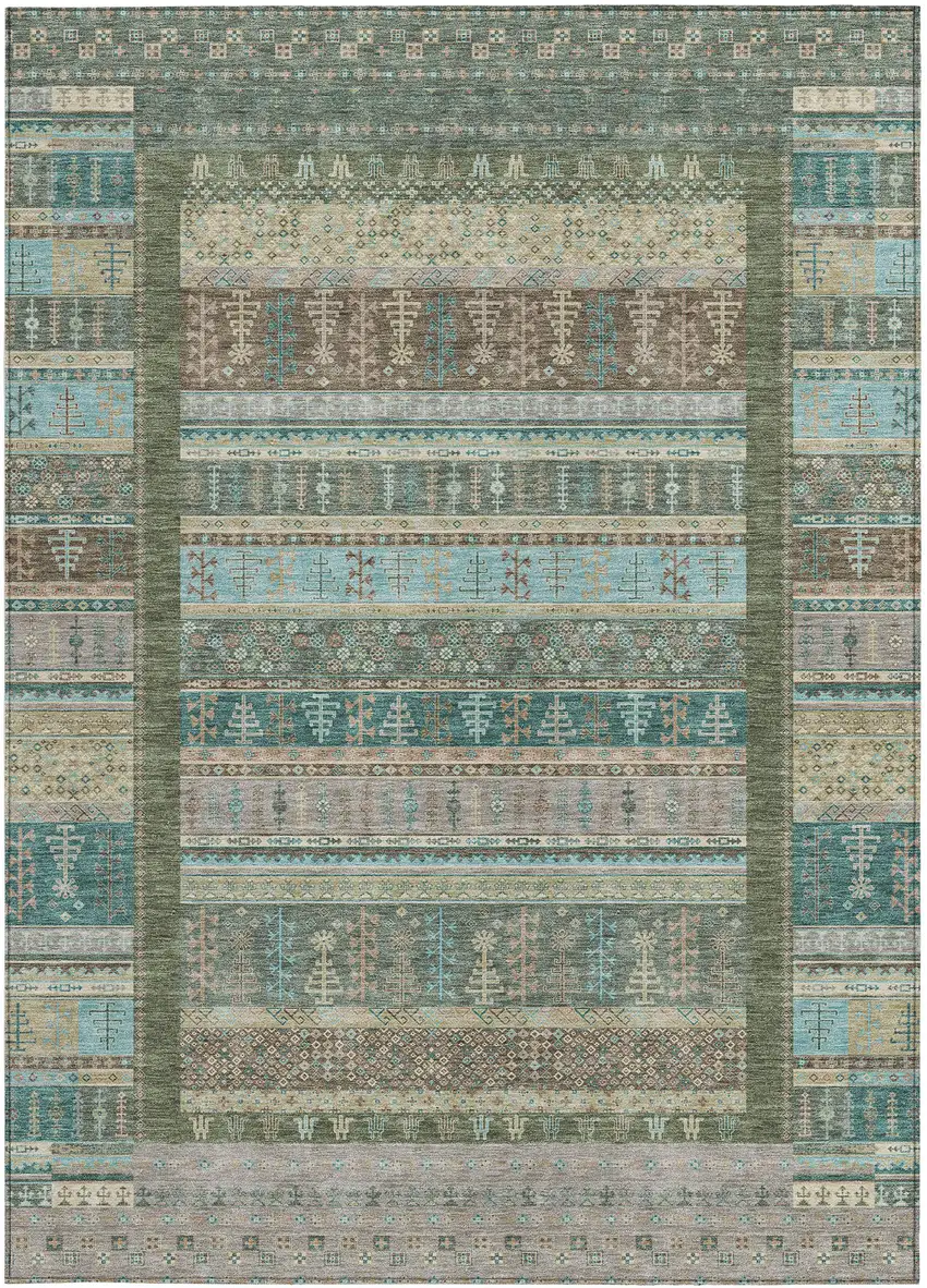 Artichoke Green Teal Blue And Beige Striped Washable Indoor Outdoor Area Rug Photo 4