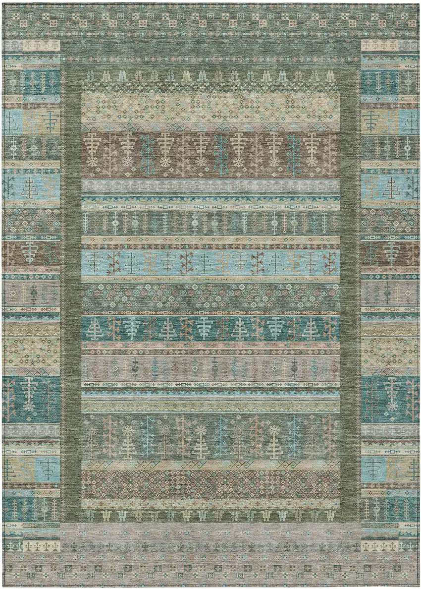 Artichoke Green Teal Blue And Beige Striped Washable Indoor Outdoor Area Rug Photo 1