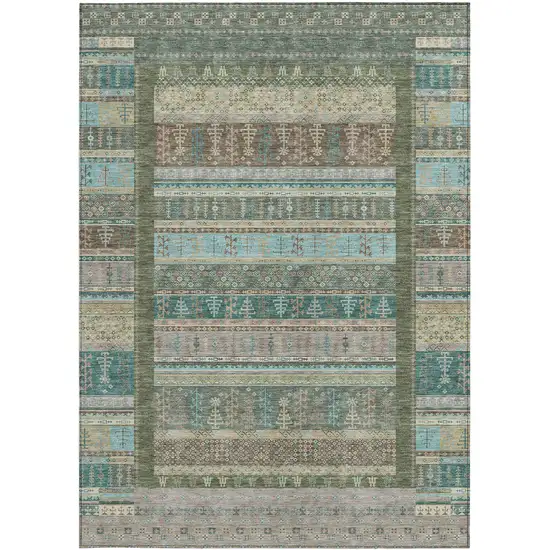 Artichoke Green Teal Blue And Beige Striped Washable Indoor Outdoor Area Rug Photo 4