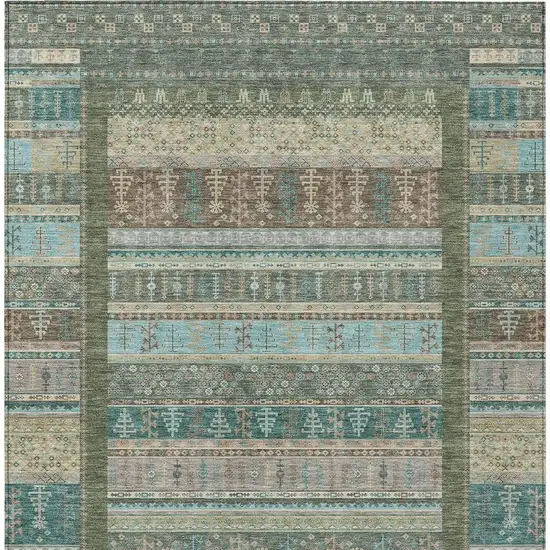Artichoke Green Teal Blue And Beige Striped Washable Indoor Outdoor Area Rug Photo 3