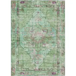 Photo of Artichoke Green Teal Blue And Lavender Oriental Washable Indoor Outdoor Area Rug