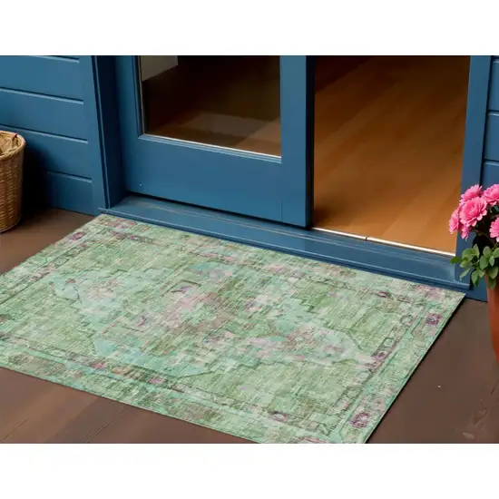 Artichoke Green Teal Blue And Lavender Oriental Washable Indoor Outdoor Area Rug Photo 2